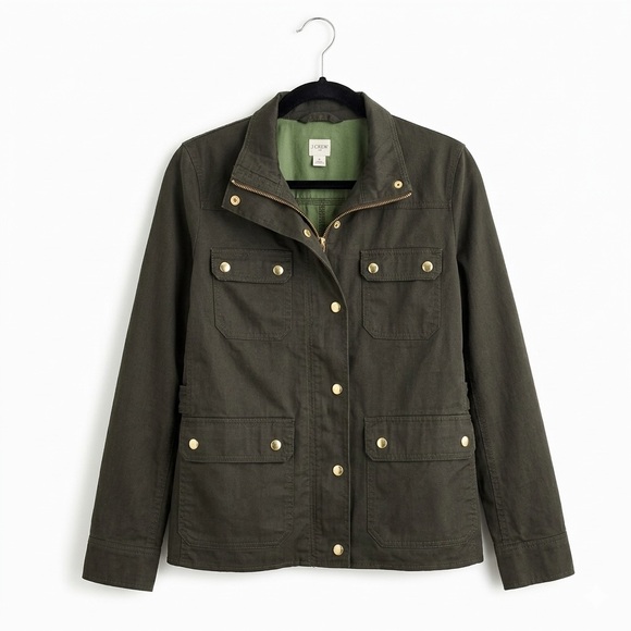 J. Crew Resin Coated Field Utility Jacket Olive with Brass Buttons Women’s SM - Picture 2 of 11